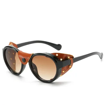 Classic Brand Design Retro Vintage Round Steampunk Sunglasses Women Men Punk Windproof Goggles Leather Side Shield 4