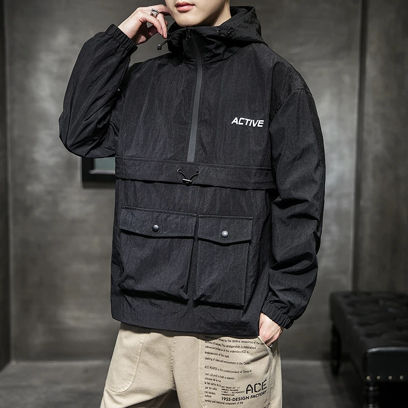 

New Mens Jackets and Coats Autumn Hip hop Pocket Hooded Jacket Men Bomber street Jacket Teen Top Jackets for Men Streetwear