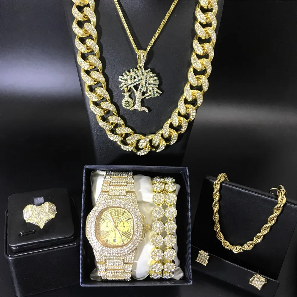 

Hip Hop Men Gold Crystal Miami Necklace Chain Men Watch & Necklace & Braclete & Ring & Earrings Combo Set Ice Out Cuban Hip Hop
