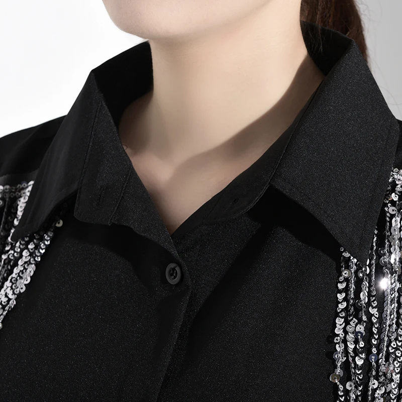 [EAM] женский, черный Стразы Ленточки большой Размеры Блузка Новая нагрудные с длинным рукавом рубашка свободного кроя модные тенденции Демисезонный 1B056