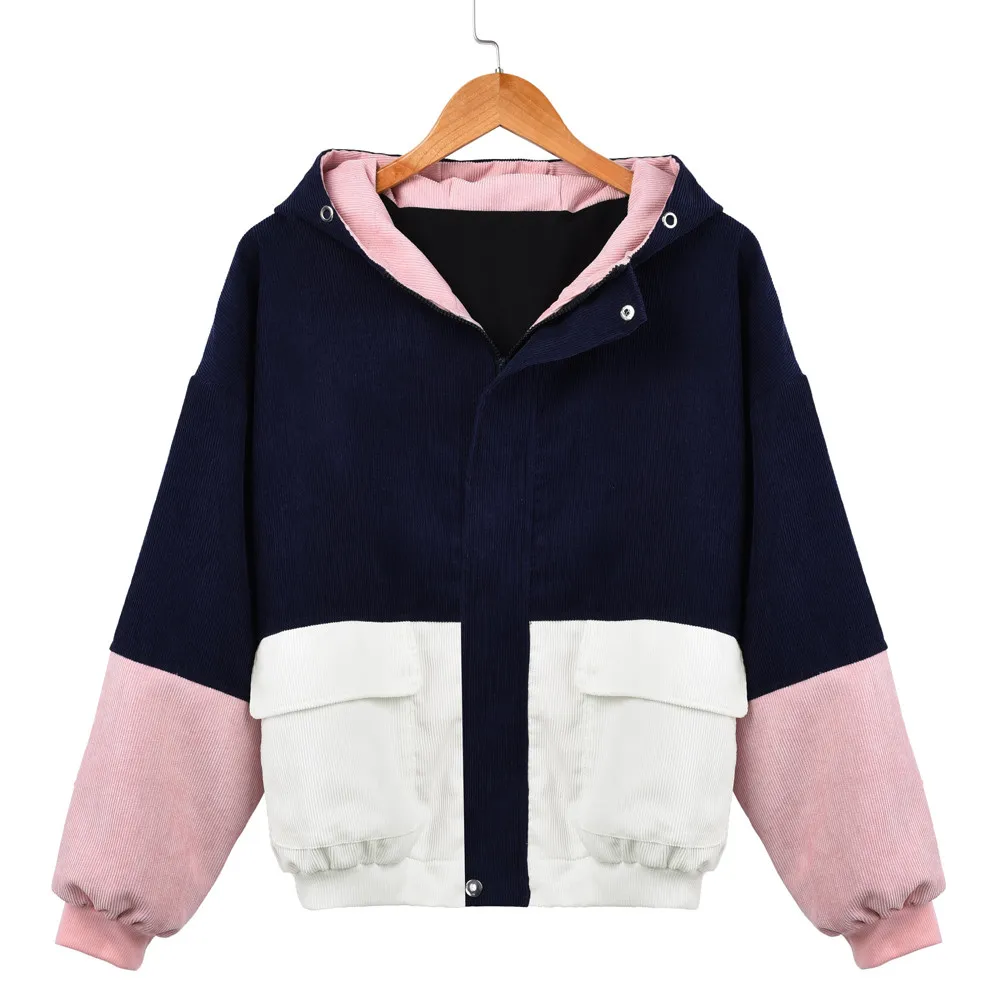 

Fashion Women Long Sleeve Corduroy Patchwork Oversize Jacket Windbreaker Coat Overcoat Zipper Jacket Windbreaker coats and jacke