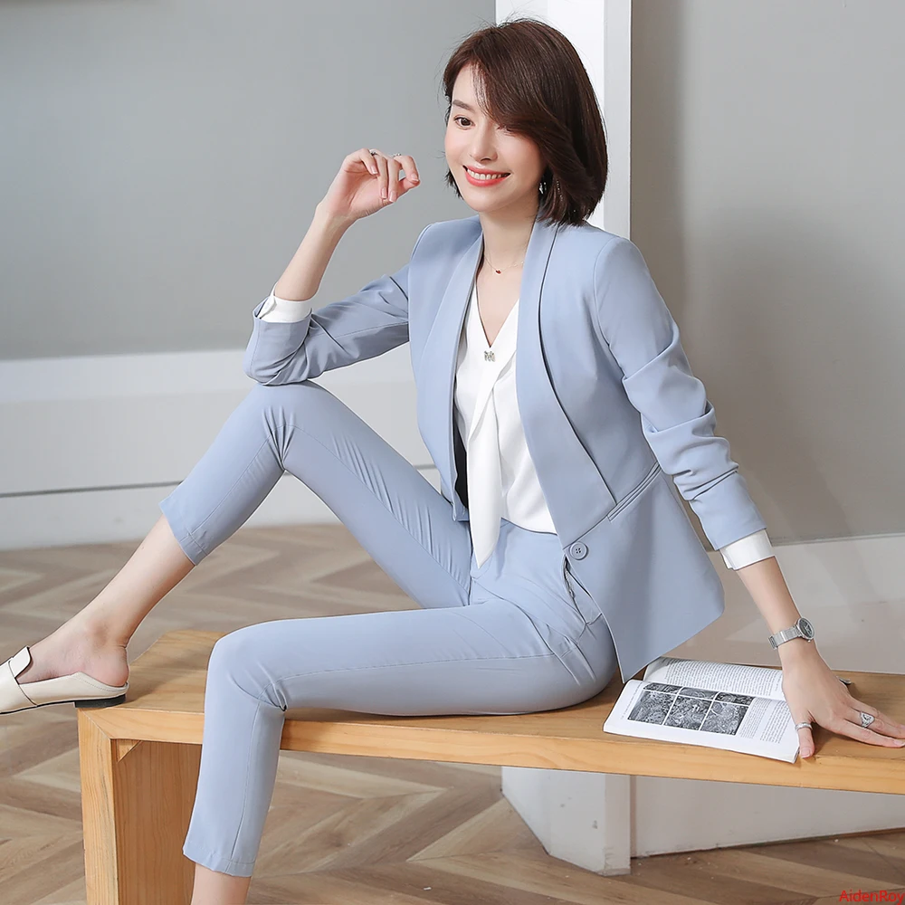 

Elegant Sky Blue Dress Jacket Women Suit Blazer Business Long Sleeve High Quality Blazers and Pants Set Female PantSuit Costumes