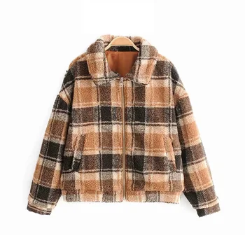 

New fleece women plaid oversize jackets 2019 fashion ladies zipper faux fur lambswool coats street-wear feminine outwear chic