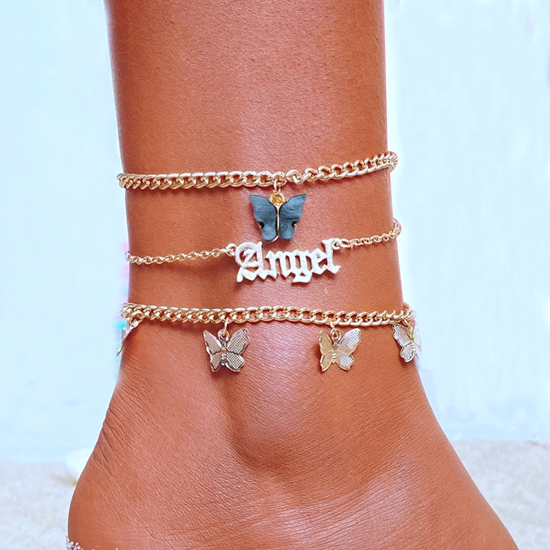 Fashion Pink Butterfly Anklets Set For Women Cute Gold Colour Letter