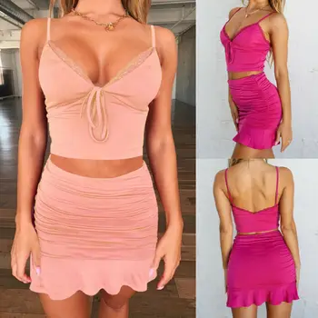 

Womens 2 Piece Crop Top Bodycon Skirt Co Ord Set Ladies Holiday Party Mini Dress Vestidos