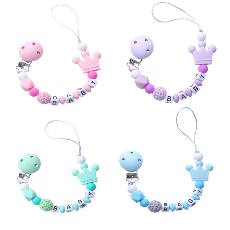 

Silicone Personalised Name Baby Pacifier Clips Crochet Beads Silicone Crown Pacifier Chain Holder Baby Shower Gift