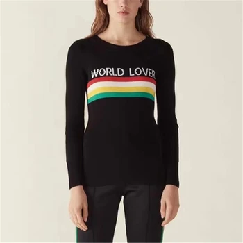 

Women Sweater Slim Fit Letter Jacquard Knitted Pullovers Rainbow Striped Top Long Sleeve Contrast Color Jumper Autumn Winter