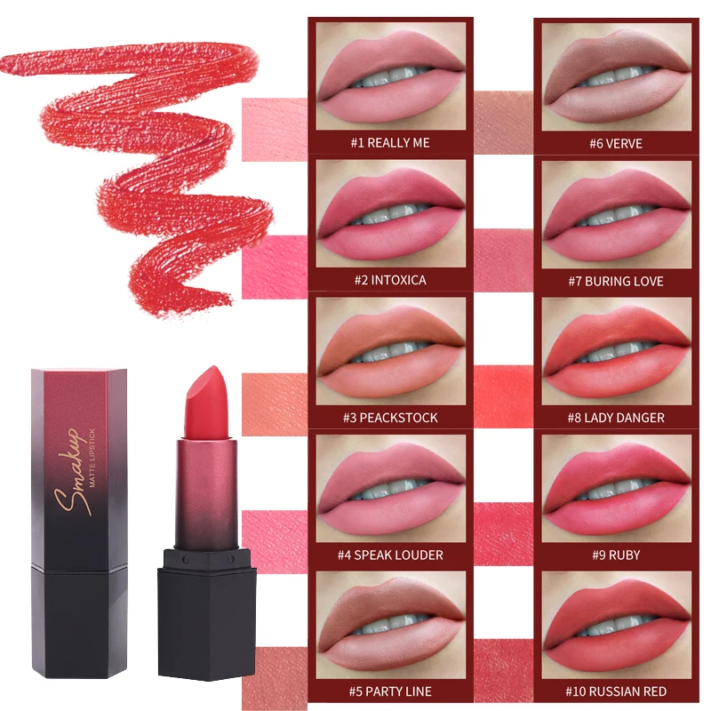 

SMAKUP Lipstick 10 Colors Sexy Red Lip Professional Waterproof Lip Gloss Matte Lip Blam Nude Colors Cosmetics Pigments Makeup