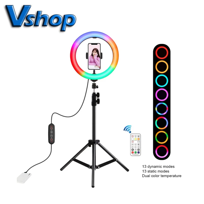PULUZ 10 inch 26cm LED RGBWW Light+1.1m Tripod Mount 168 Dual-color Temperature Dimmable Ring Light Youtube Vlogging Photography