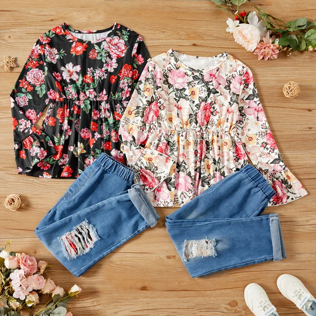 floral topo e rasgado calças jeans conjunto - Imagem 3