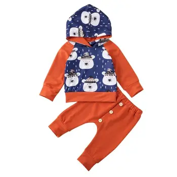 

0-24Months New born Infant Baby Boy Clothing Set Bear Print Hooded Sweatshirts Top + Long Pants 2pcs Spring Fall Clothes Casual