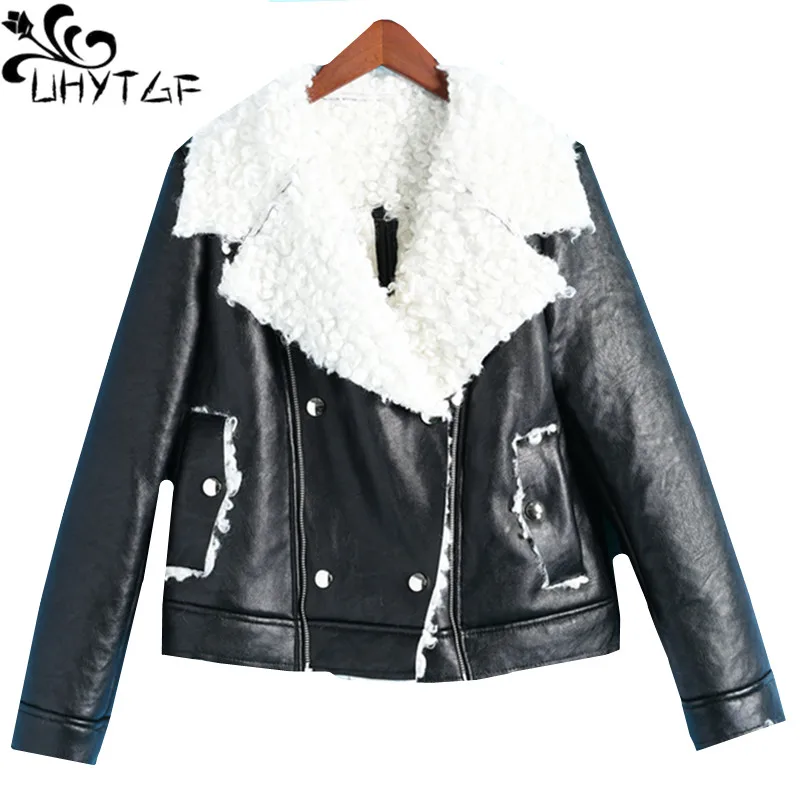 

UHYTGF Women leather jacket Lapel Imitation sheep shear Winter leather jacket Casual warm female coat jaqueta feminina couro 829