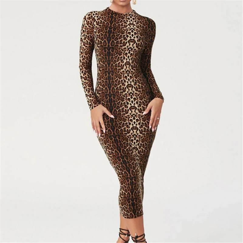Dresses Woman Party Night Long Sleeve Leopard Dress Vintage Long Bodycon Dresses Ladies Sexy Maxi Cheetah Print Dresses Korean