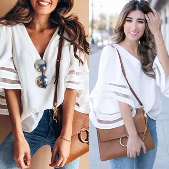 

2018 Summer Puff Sleeve Casual Blouse Deep V Neck Shirt Elegant Patchwork Tops 85WB