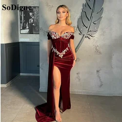 SoDigne Burgundy Velour Mermaid Caftan Evening Dress Sexy Side Split Formal Prom Gowns Embroidered Off Shoulder Women Dress