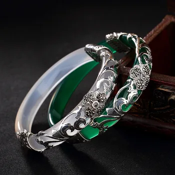 

Hand-carved 925 sterling silver peacock green chalcedony retro high-grade for women bangle inlaid Thai silver bracelet