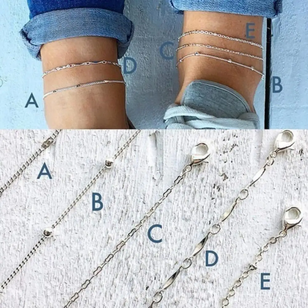 Silver Anklet Bracelet Beads Summer Beach Foot Jewelry 5Pcs/Set