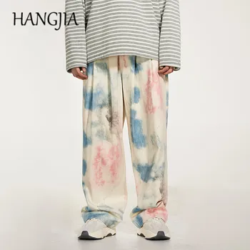 

Mens Wide Leg Jeans Hip Hop Tie-dye Denim Jeans for Men High Street Washed Dye Printing Loose Wide Leg Denim Pants Men Swag