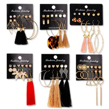 Boho pendientes con borla bohemios largo juego de pendientes para mujeres Brincos tela geométrica pendiente joyería de moda femenina