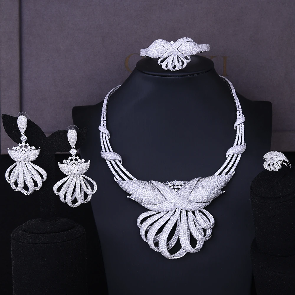 

SisCathy Luxury Exaggerated Full CZ Flower Drop Statement Earrings Necklace Bracelet Ring Dubai Jewelry Sets For Women Wife Gift