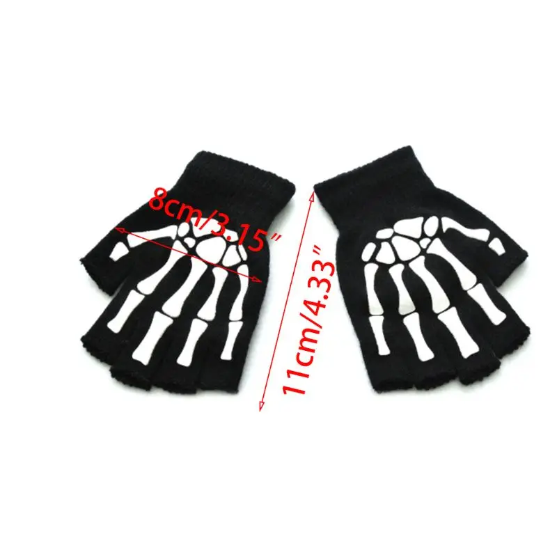 Toddler Kids Halloween Cosplay Skeleton Skull Half Finger Gloves Glow in the Dark Luminous Fingerless Winter Mittens