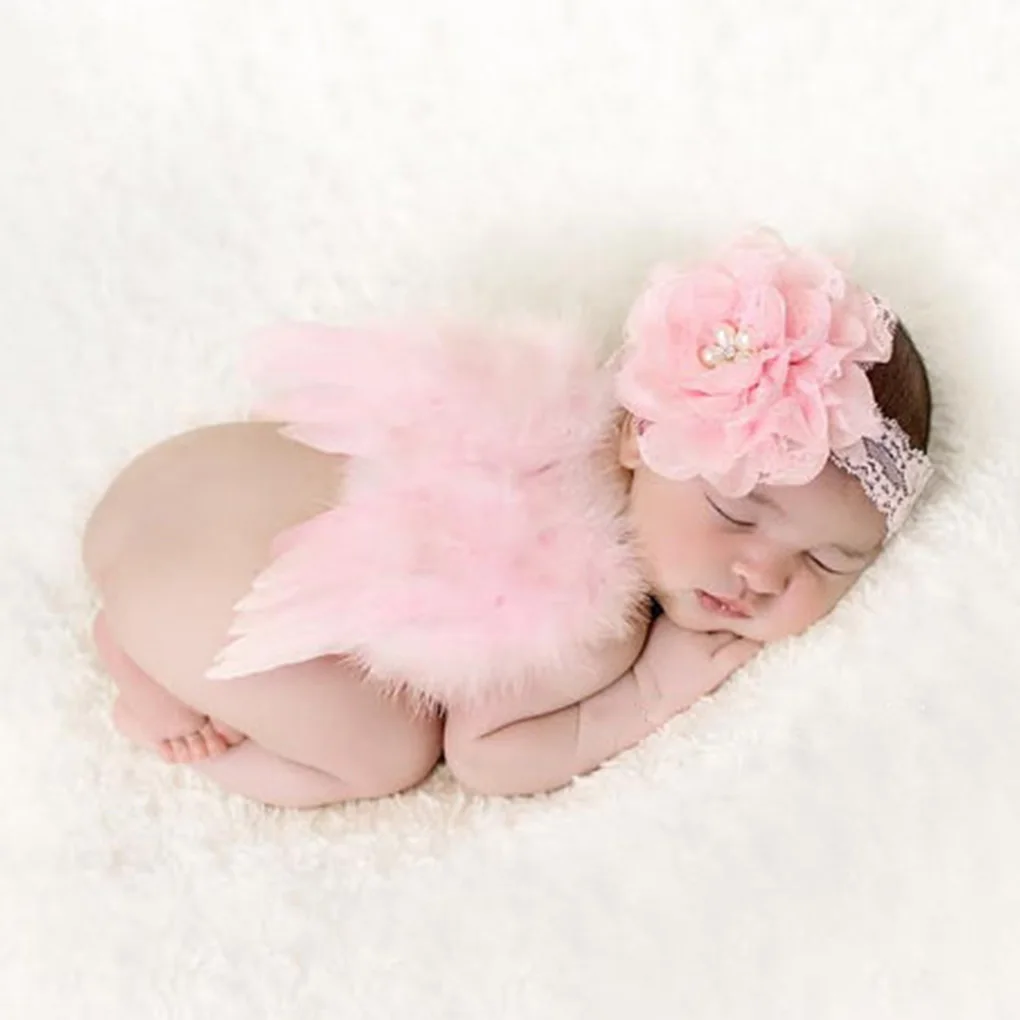 

2020 Newborn Baby Feather Wings Lace Headband Flowers Photo Props Newborn Photography Props 0-12 Months