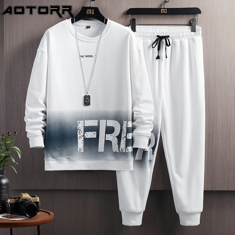 Fashion Mens Set Patchwork Print Sportwear Autumn Drawstring Pants Long Sleeve Pullover Sweatshirt Casual Men Clothing | Мужская одежда