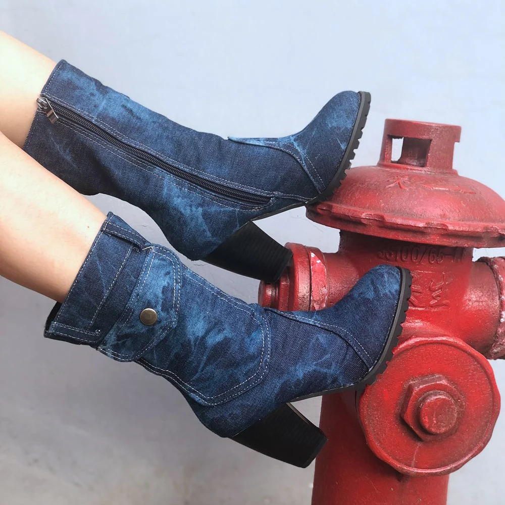 Oeak; коллекция года; Модные женские ботинки; сезон осень-зима; женская джинсовая обувь на высоком каблуке с круглым носком в ковбойском стиле; сапоги до колена