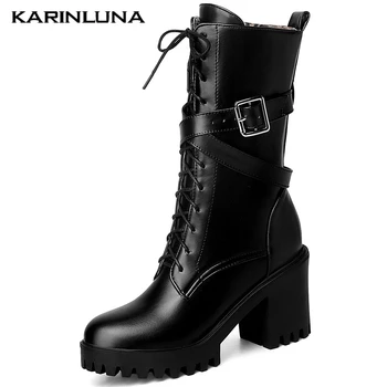 

Karinluna High Fashion Platform Square Thick Heels Boots Classcis Bukle Straps Cross-tied Mid-calf Short Plush women shoes