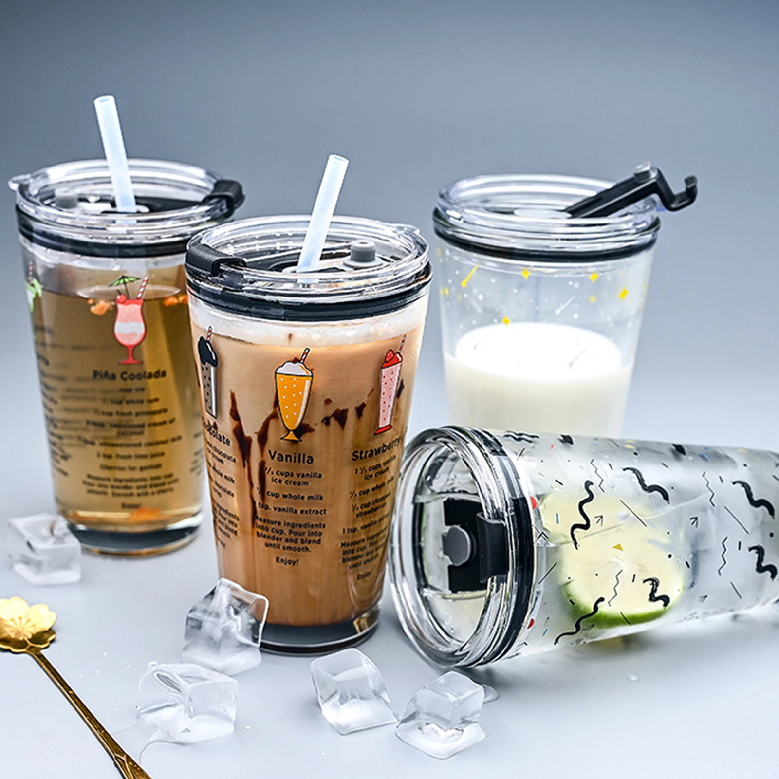 

AA 450ML Glass Straw Cup with Scale Transparent Graffiti Style Large Capacity Drinking Juice Bottle