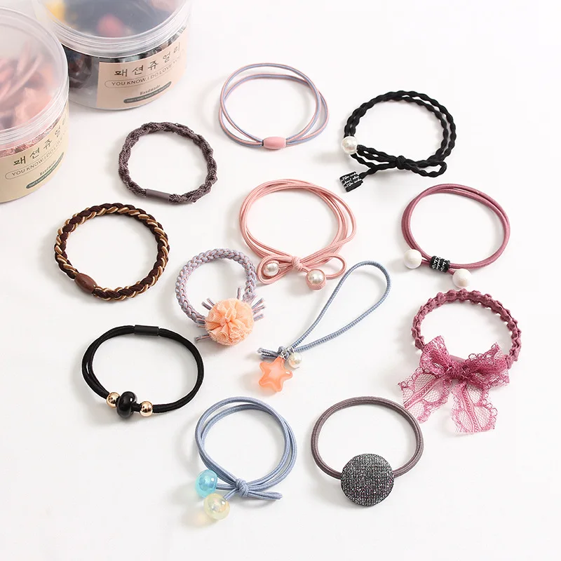 

12PCS/Set Girls Women Colorful Hair Ring Children Ponytail Elastic rubber Hairband Pearls Accessories Headband Headdress Set