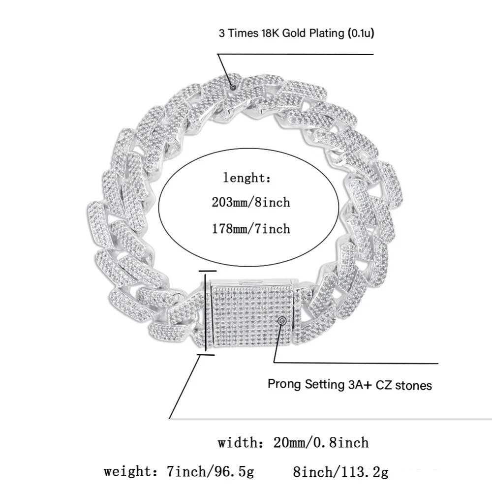 TOPGRILLZ микро проложили кубический циркон большая коробка застежка 20 мм кубинский Браслет Bling хип-хоп ювелирные изделия AAA CZ кубинская цепочка браслет 7-9 дюймов