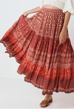 

2020 Summer New Women's Skirts Floral Printing Boho Long Skirts High Waist Red Rayon Skirt Empire Sweet National Holiday Skirts