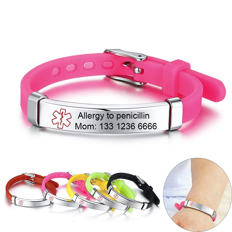 Personalize Custom Kids Medical Alert ID Bracelets for Boys Girls Anti Allergy Stainless Steel Silicone Emergency Remind Info