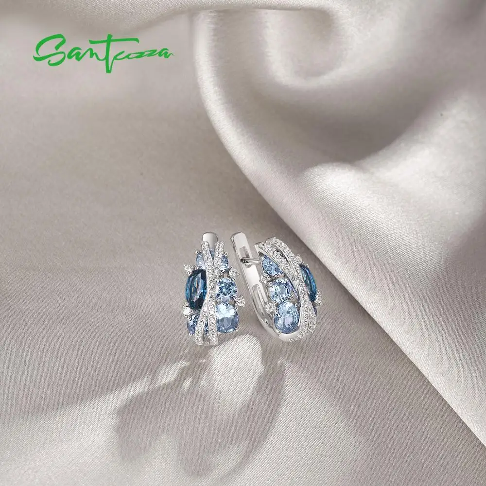 SANTUZZA Silver Earrings For Women Authentic 925 Sterling Silver Shimmering Blue Cubic Zirconia Glamorous серьги Fine Jewelry