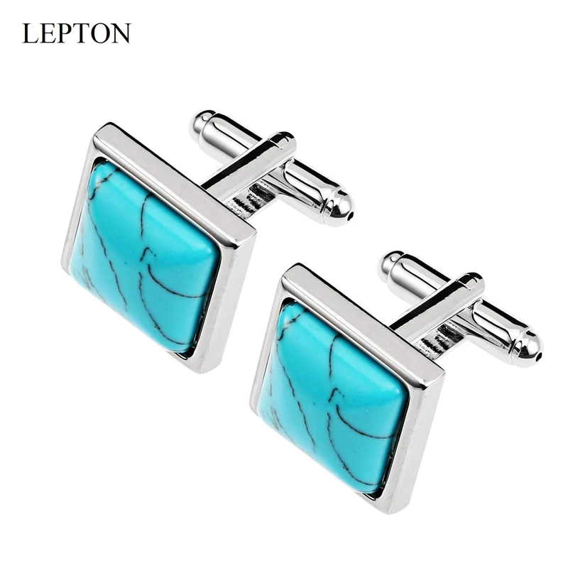 

LEPTON Synthetic Turquoises Stone Cufflinks for Mens Shirt Cuffs Cufflink Fashion Women Cuff links Relojes gemelos Best Gift