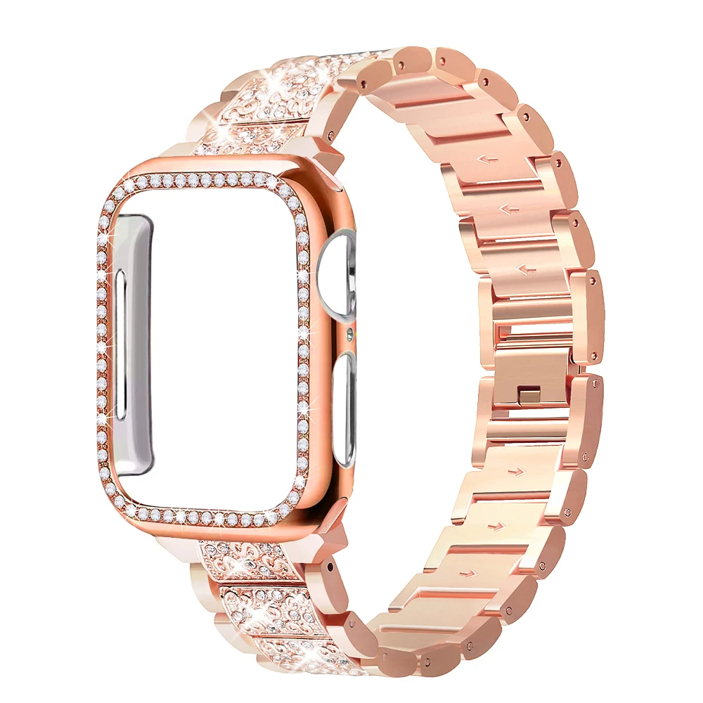Ремешок+ чехол для Apple Watch 40 мм 44 мм 38 мм 42 мм ремешок для iwatch серии 5 4 3 2 1 браслет из нержавеющей стали с бриллиантами - Цвет ремешка: Rose gold