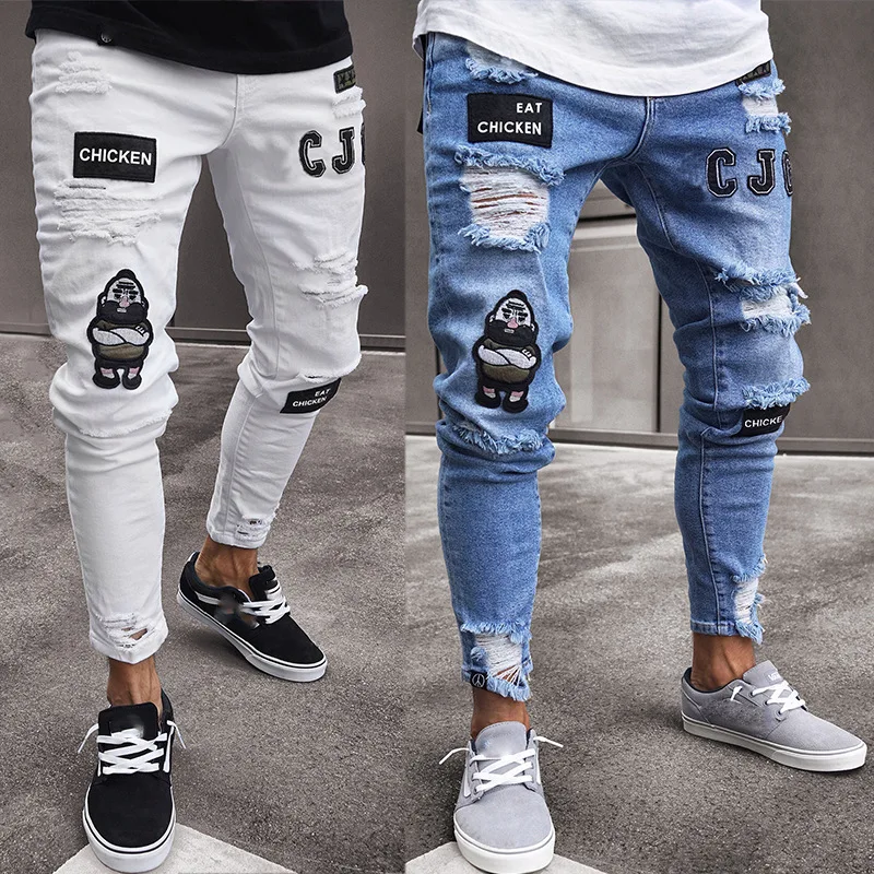 3 Styles Men Stretchy Ripped Skinny Biker Embroidery Print Jeans Destroyed Hole Taped Slim Fit Denim Scratched High Quality Jean 3 Styles Men Stretchy Ripped Skinny Biker Embroidery Print Jeans Destroyed Hole Taped Slim Fit Denim Scratched High Quality Jean