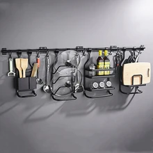 Black Stainless Aluminum Alloy Kicthen Wall Mounted Storage Rack Spice Shelf Chopping Board Holder Cutlery Container Organizer