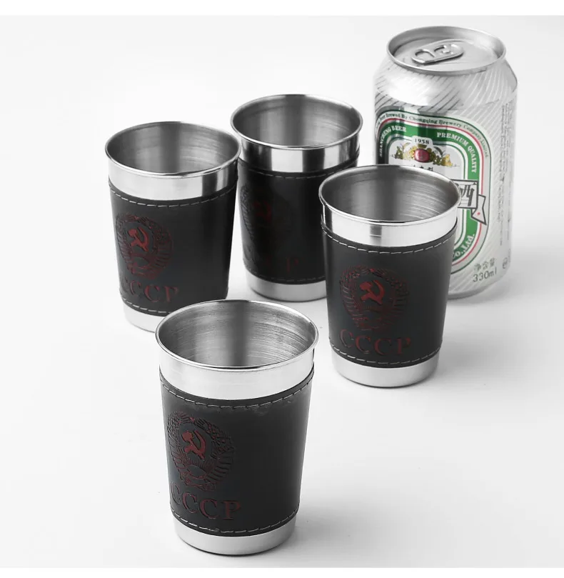 4Pcs CCCP Stainless Steel Wine Glasses Shot Cup Drinking Portable Mug Leather Cover Bag Case Outdoor Hip Flask Bar Sets