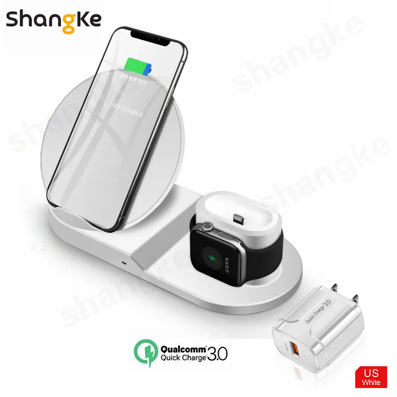 white US plug Беспроводная зарядная подставка 3 в 1 для Apple Watch и AirPods Pro Qi быстрая Беспроводная зарядная станция совместима с iPhone 11 - Color: white US plug