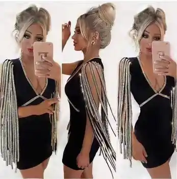 

Deep V-neck Backless Rivet Tassel Party Night Club Dress Fashion Hot sale sexy women celebrity body con Mini dresses wholesale
