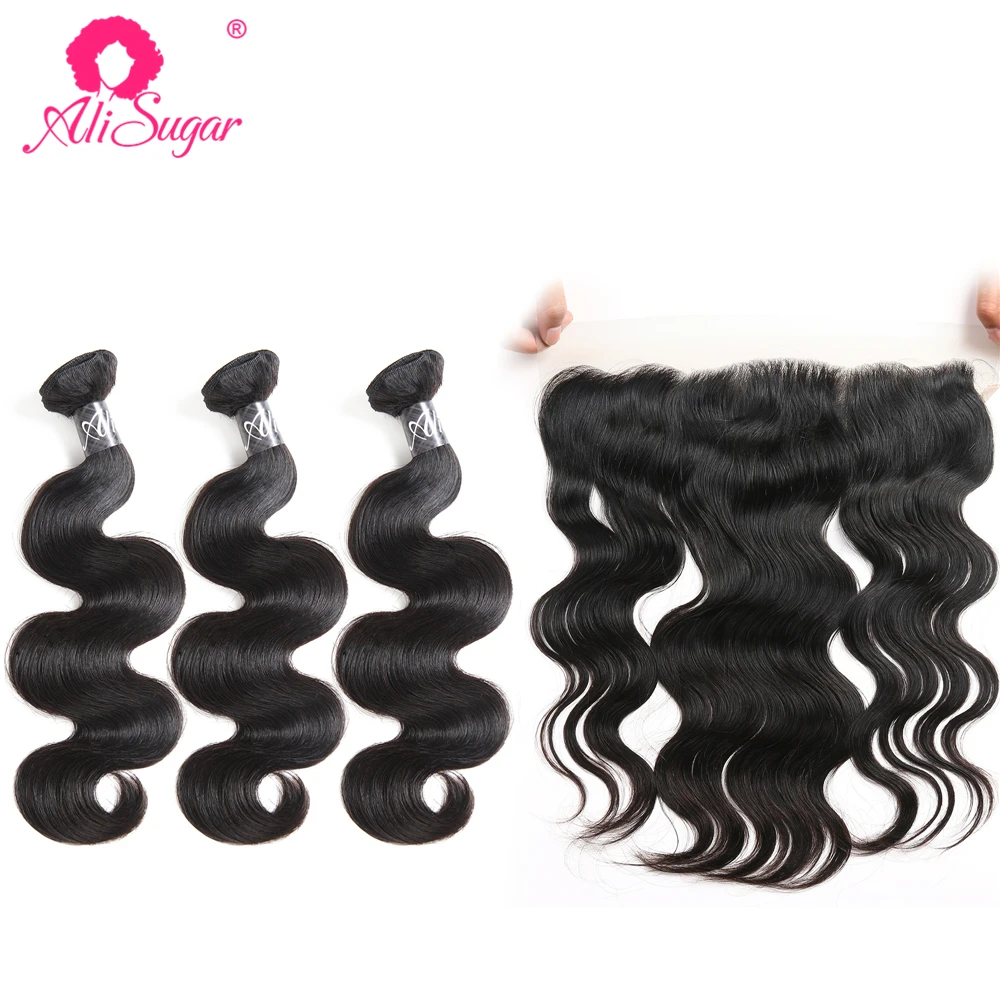 

Ali Sugar Hair Brazilian Raw Virgin Hair Body Wave 3 Bundles With Frontal 13*4 Lace Natural Color Human Hair Extensions