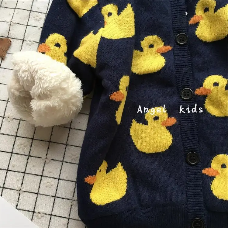 Tonytaobaby/Новинка зимы; Детский кардиган для мальчиков и девочек с изображением маленькой утки; вязаный плюшевый свитер из чистого хлопка