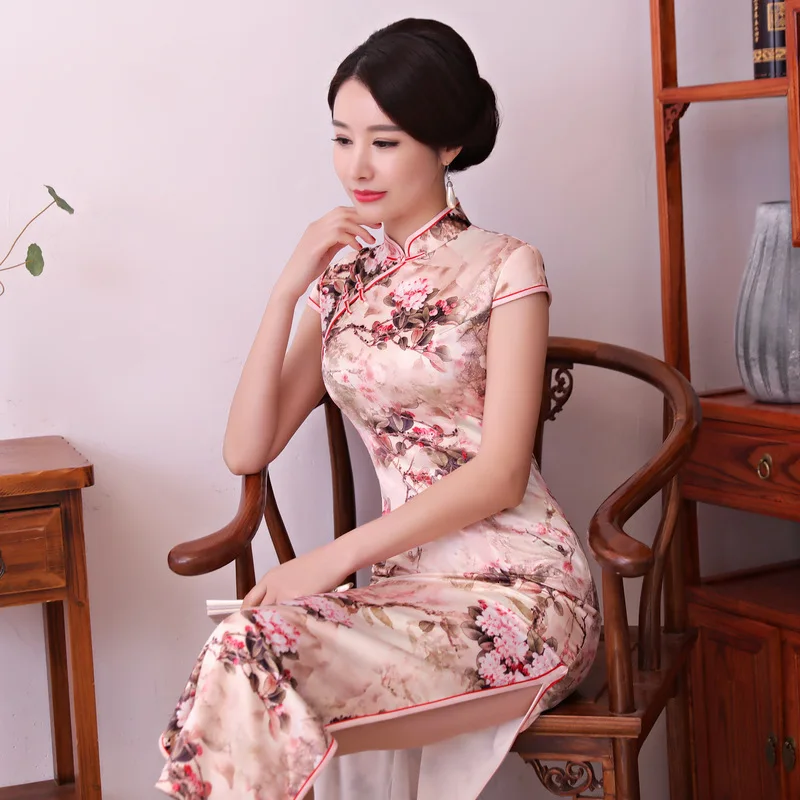 Розовые атласные летние женские платья Ципао в традиционном китайском стиле, длинные платья Ципао с коротким рукавом, вечернее платье