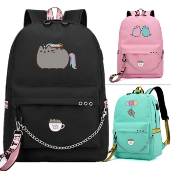 

Cute Fat Cat Reading USB Port Backpack School Bags Mochila Travel Book Boys Girls Travel Bags Laptop Headphone USB Port
