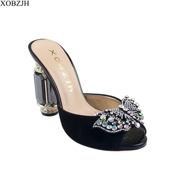 

High Heels Sandals Women Wedding Shoes 2019 New Ladies Luxury Leather Rhinestone Summer Sandals block heel Shoes Woman Open Toe