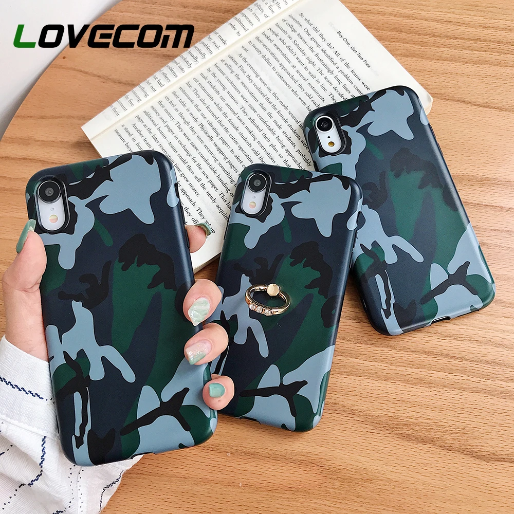 

LOVECOM Retro Green Camouflage Ring Phone Case For iPhone XR XS Max XS Case For iPhone 7 8 6S Plus Finger Ring Phone Cover Shell