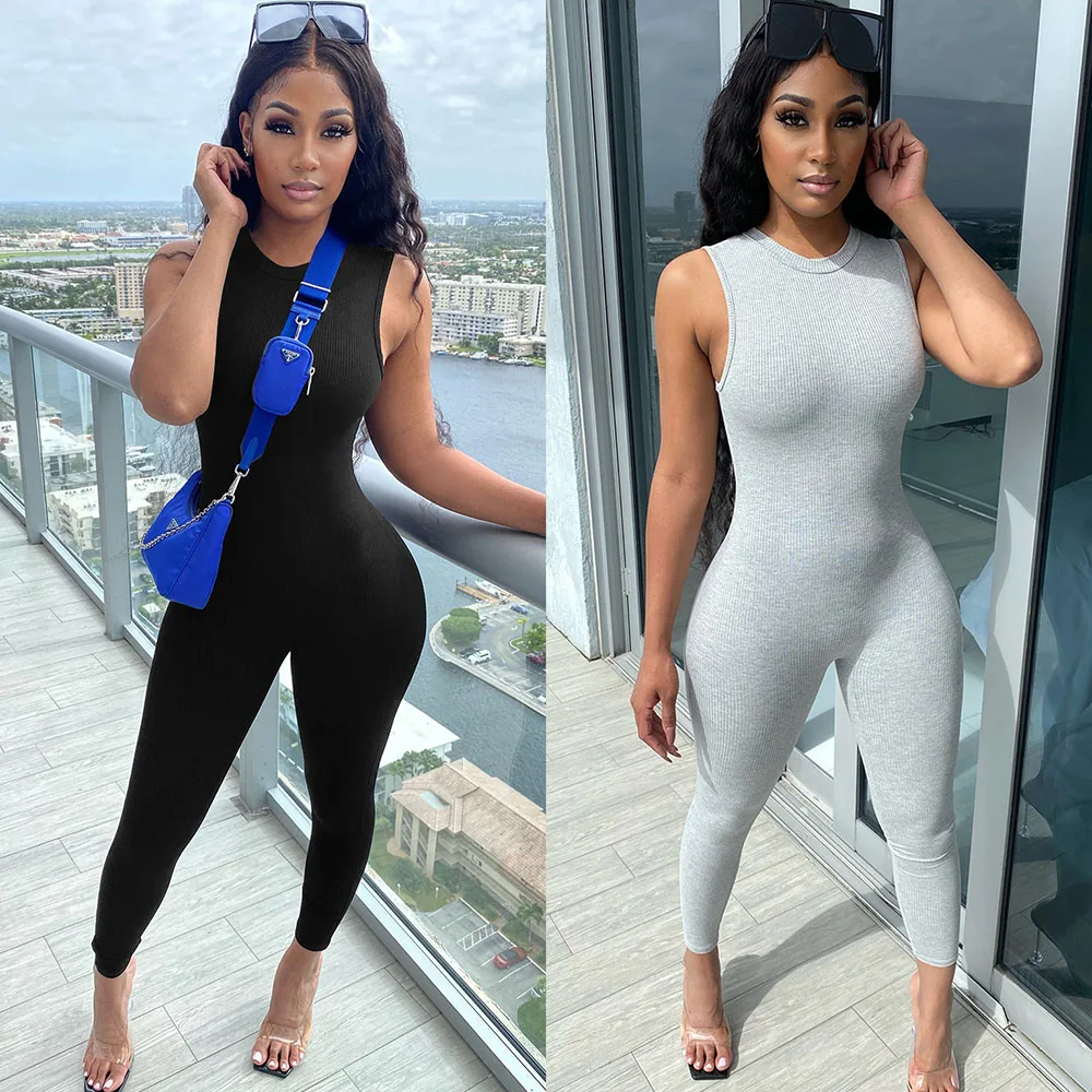 

Sporty Casual Fitness Rompers Womens Jumpsuit Sleeveless Knit Rib Workout Bodycon Romper One Piece Jumpsuit Active Wear Overalls