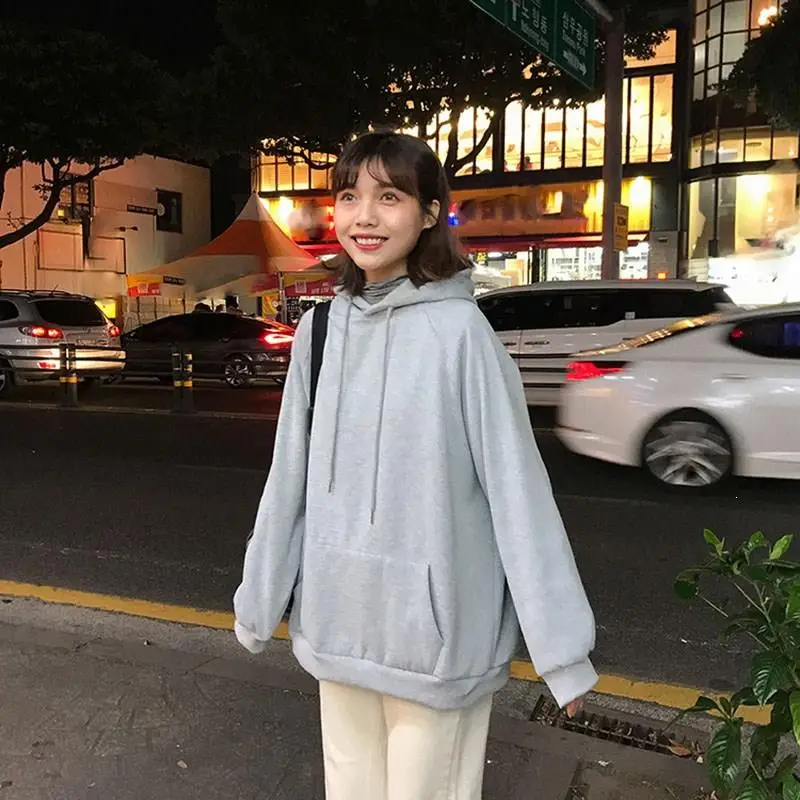 9 цветов зима осень карман Твердые свободные толстовки с капюшоном Harajuku Корея женские с длинным рукавом толстые пуловеры кофты